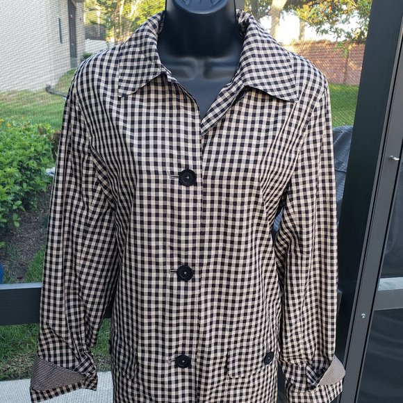 Jones New York Black-Tan Plaid Button Down Light Rain Coat Sz L - Picture 1 of 7